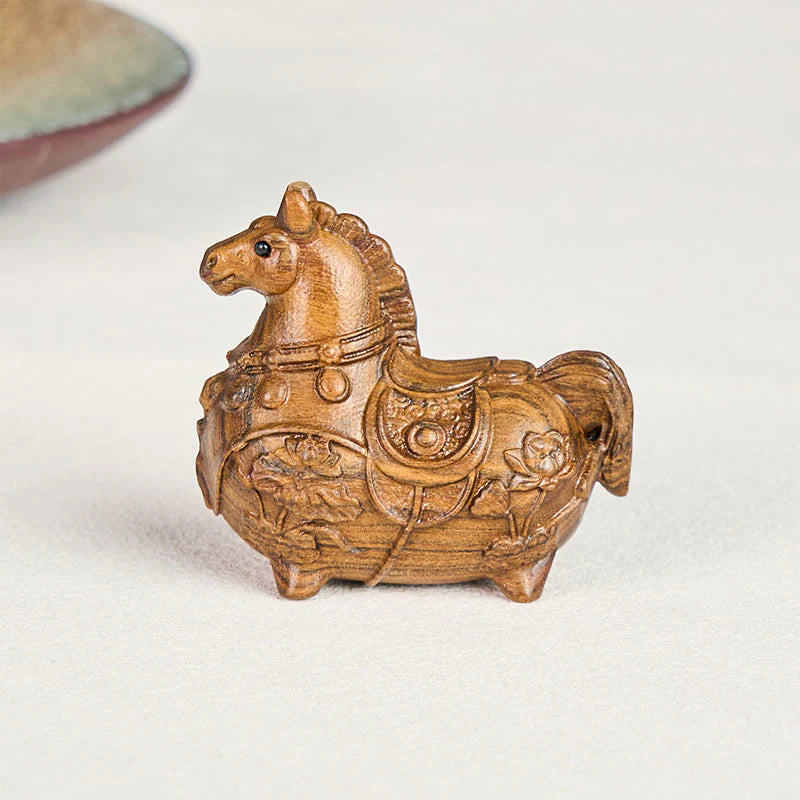 Buddha Stones Mini Year of the Horse Lotus Ebony Linden Wood Green Sandalwood Decoration 5.5*5*3.2cm