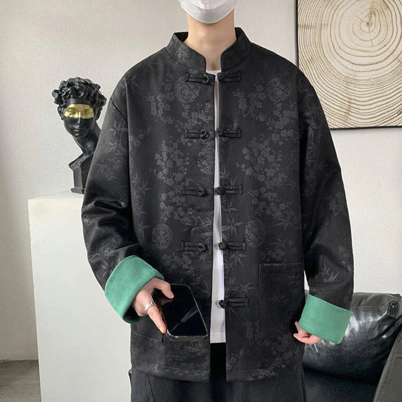 Buddha Stones Fall Jacquard Bamboo Frog-button Long Sleeve Men's Cotton Jacket With Pockets