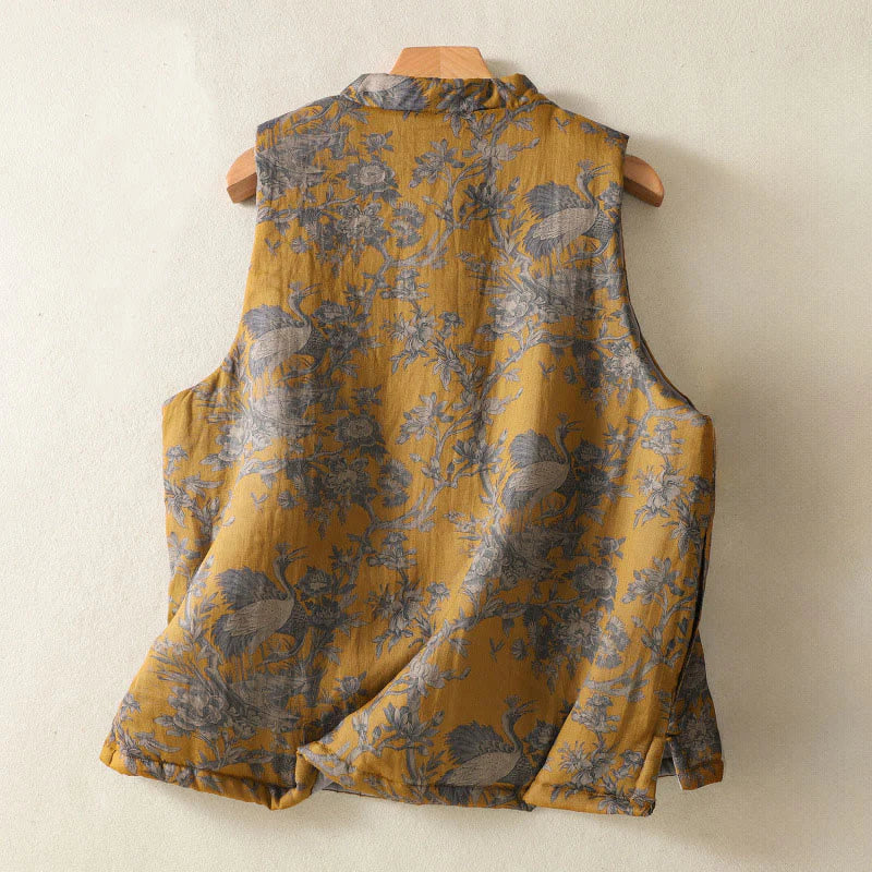 Buddha Stones Crane Flowers Branches Frog-Button Pattern Cotton Women's Sleeveless Vest Waistcoat