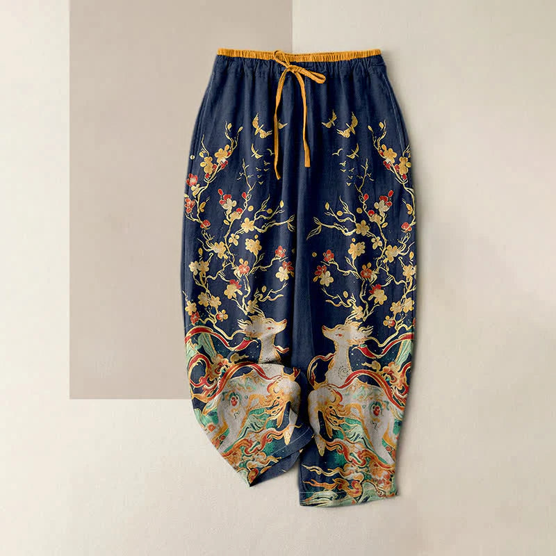 Buddha Stones Pure Cotton Plum Blossoms Deer Drawstring Women's Pants With Pockets