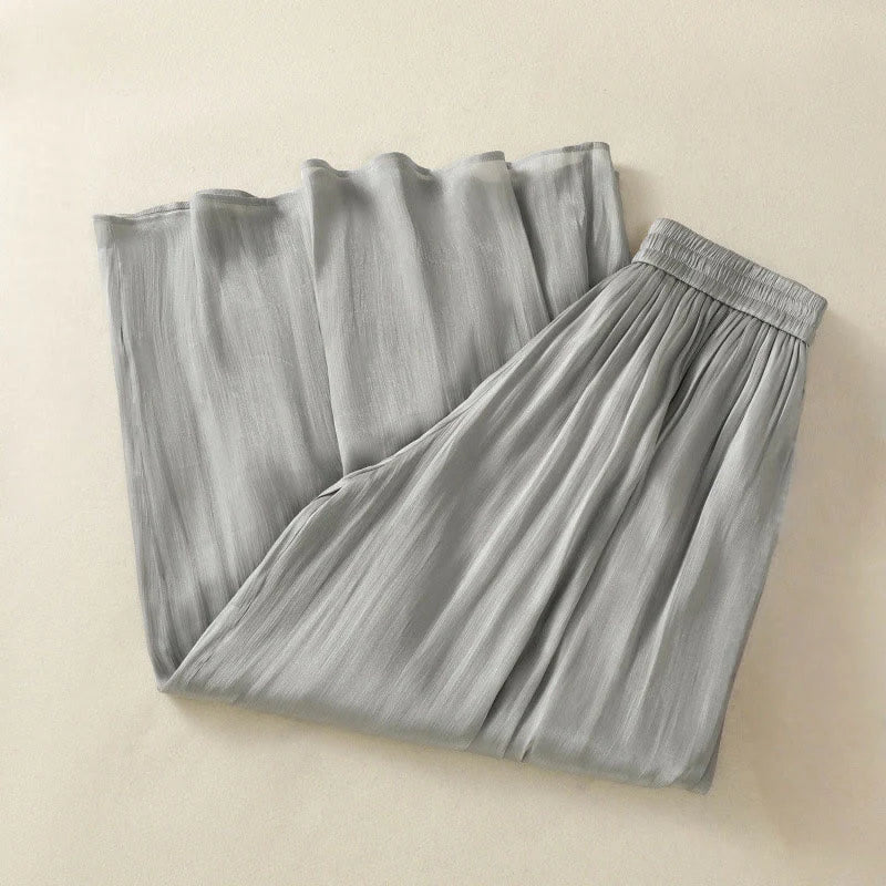 Buddha Stones Light Gray Pleated Design Elastic Waist Women's Wide Leg Pants With Pockets