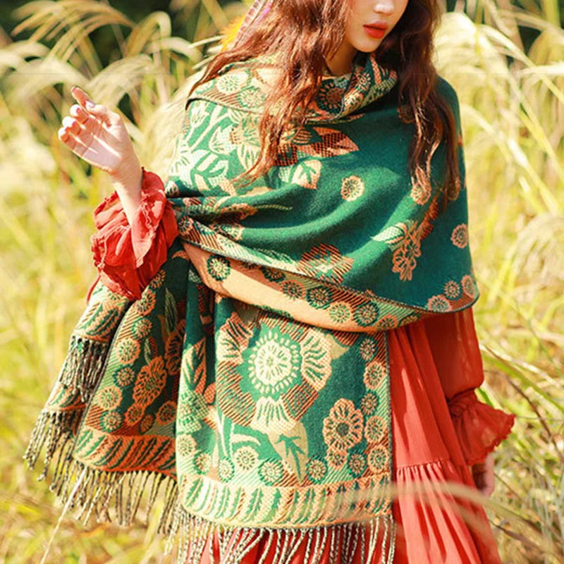 Buddha Stones Jacquard Ethnic Paisley Plants Pattern Tassel Soft Thermal Scarf Shawl