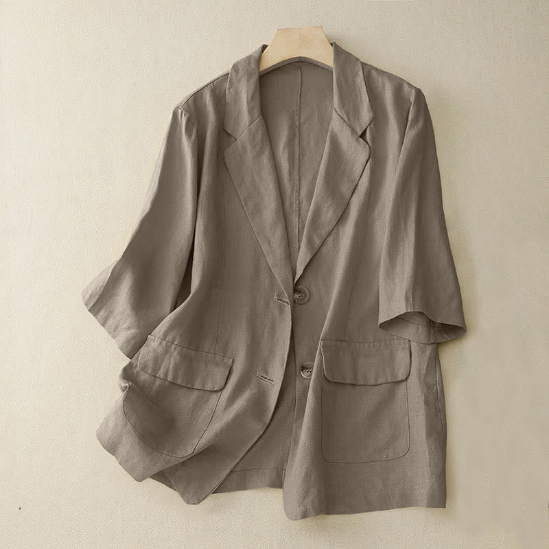 Buddha Stones Women's Three Quarter Sleeve Button Cotton Small Suit Jacket With Pockets