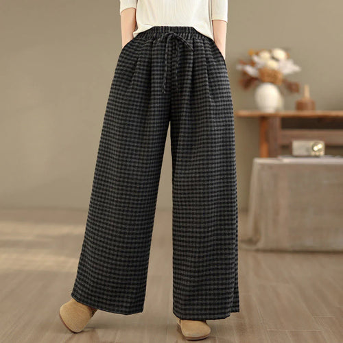 Buddha Stones Casual Plaid Pattern Women's Wide Leg Pants With Pockets