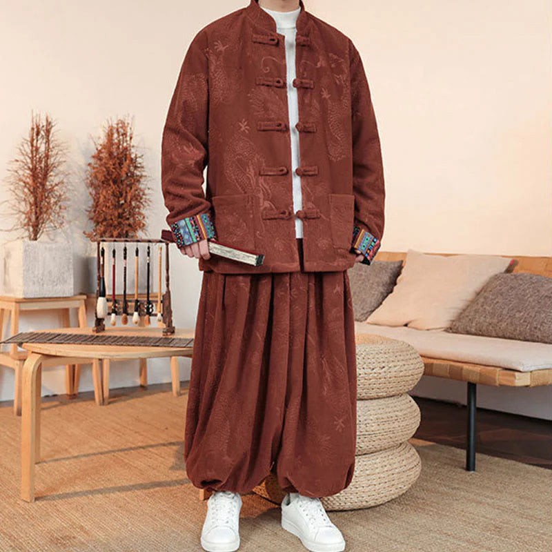 Buddha Stones 2Pcs Fall Winter Men's Tang Suit Dragon Frog-Button Cotton Long Sleeve Jacket Pants Set