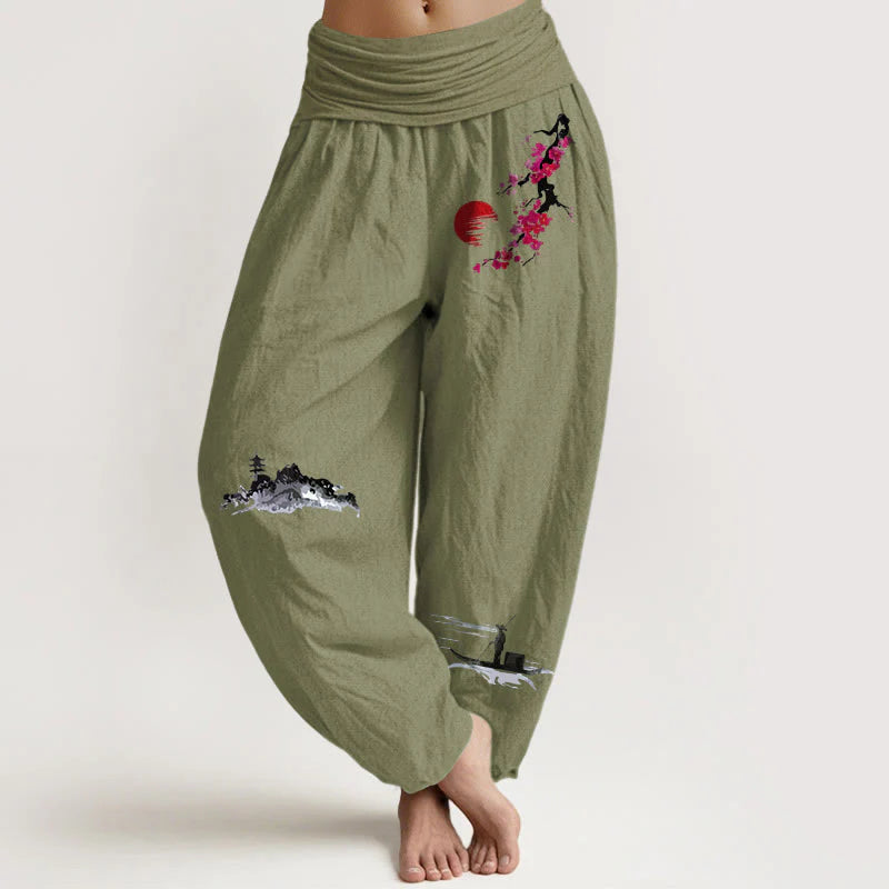 Buddha Stones Plum Blossoms Mountain Fisherman Pattern Pure Cotton Women's Elastic Waist Harem Pants