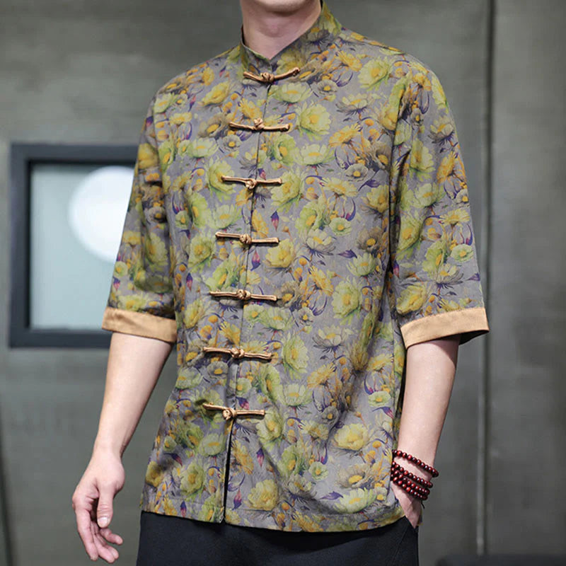 Buddha Stones Summer Colorful Floral Leaves Pattern Short Sleeve Frog-button Design Men's Cotton Shirt