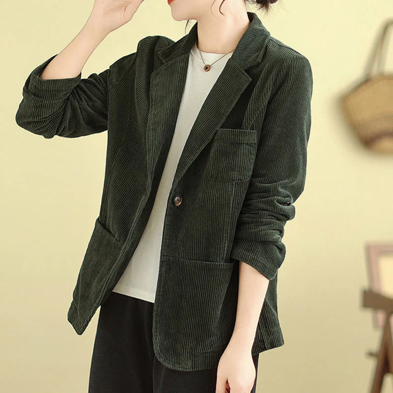 Buddha Stones Retro Plain Women's Long Sleeve Corduroy Jacket With Pockets