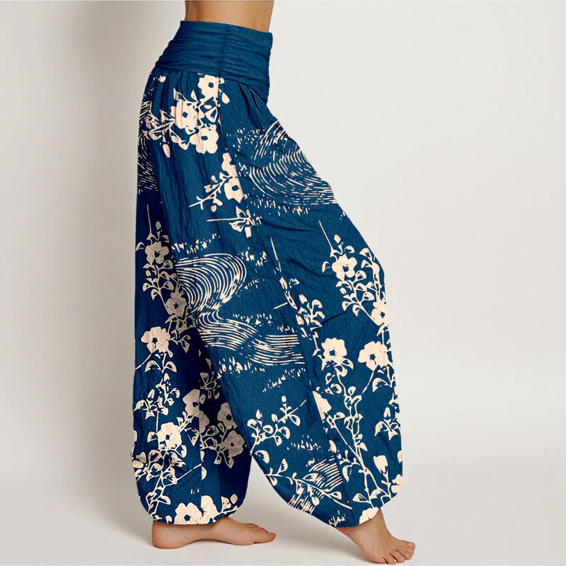 Buddha Stones Pure Cotton Simple Flowers Stream Pattern Women's Elastic Waist Harem Pants