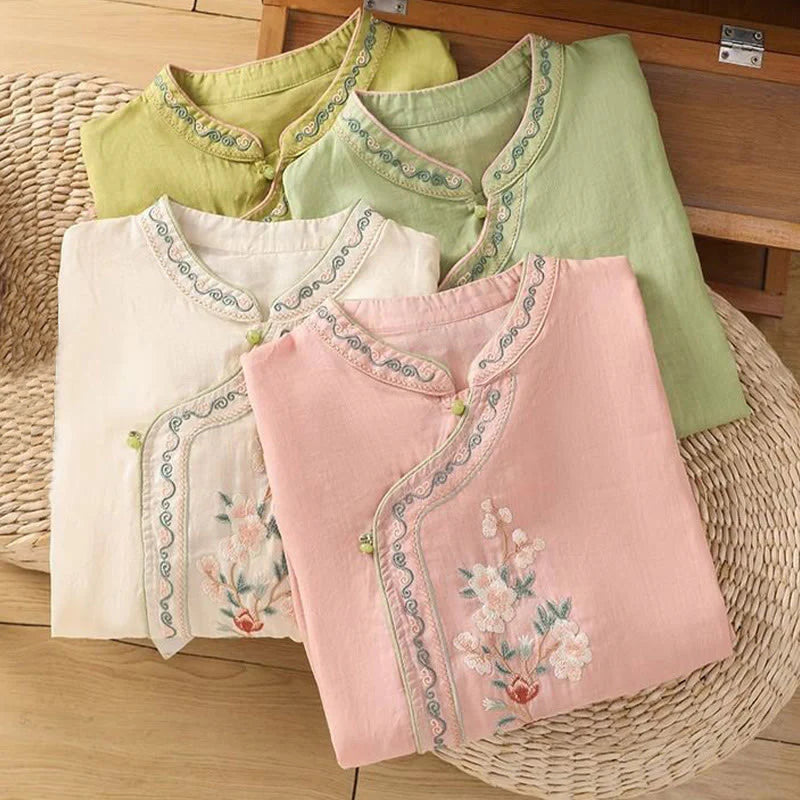 Buddha Stones Casual Ethnic Style Embroidery Flower Pattern Frog-Button Stand Collar Women's Cotton Linen Shirt