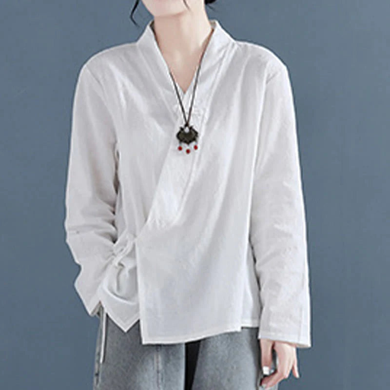 Buddha Stones Casual Solid Color Frog Button Long Sleeve Zen Cotton Linen Women's Shirt
