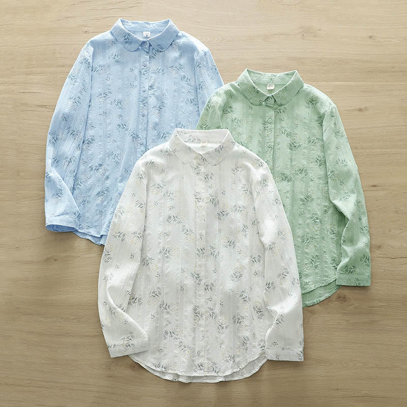 Buddha Stones Fall White Yellow Flowers Green Leaves Buttons Women's Cotton Long Sleeve Shirt
