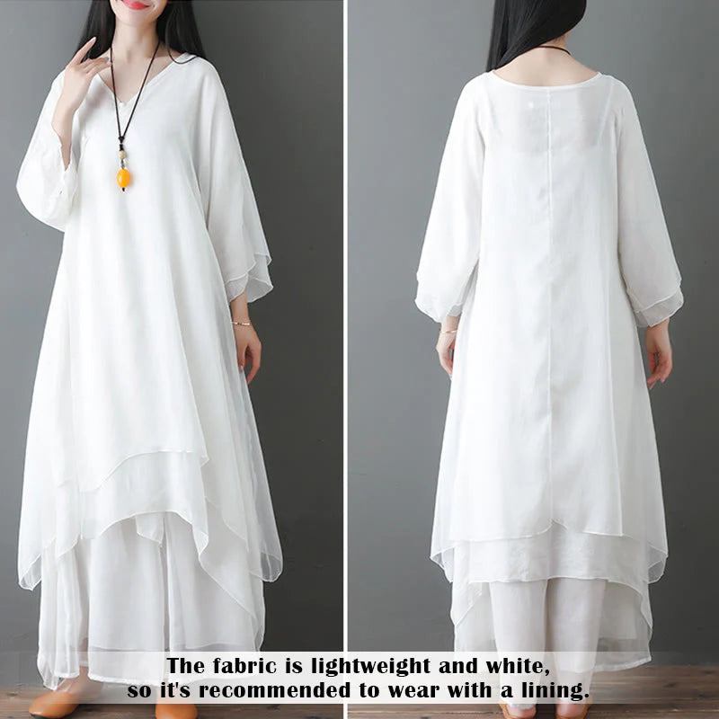Buddha Stones V-Neck Midi Tunic Dress Wide Leg Pants Meditation Zen Practice Dance Clothing