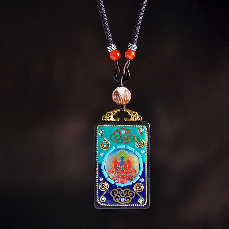 Buddha Stones Medicine Buddha Ebony Wood Peace Necklace Pendant