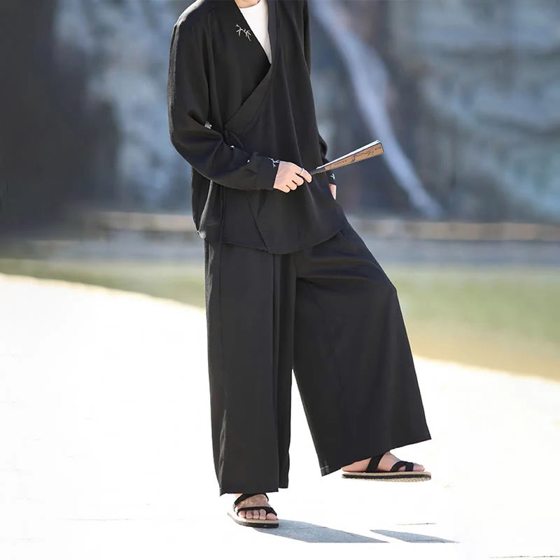 Buddha Stones 2Pcs Fall Lace-up Bamboo Embroidery Cotton Kimono Ankle-Length Pants With Pockets Men's Meditation Cloth Set