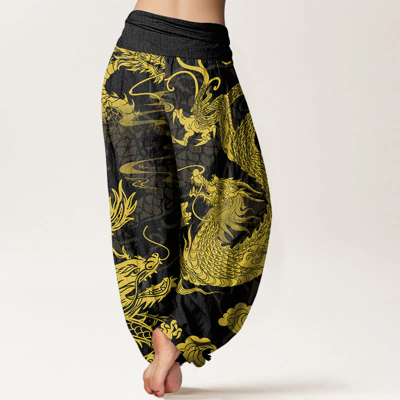 Buddha Stones Cotton Dragon Auspicious Clouds Women's Elastic Waist Harem Pants