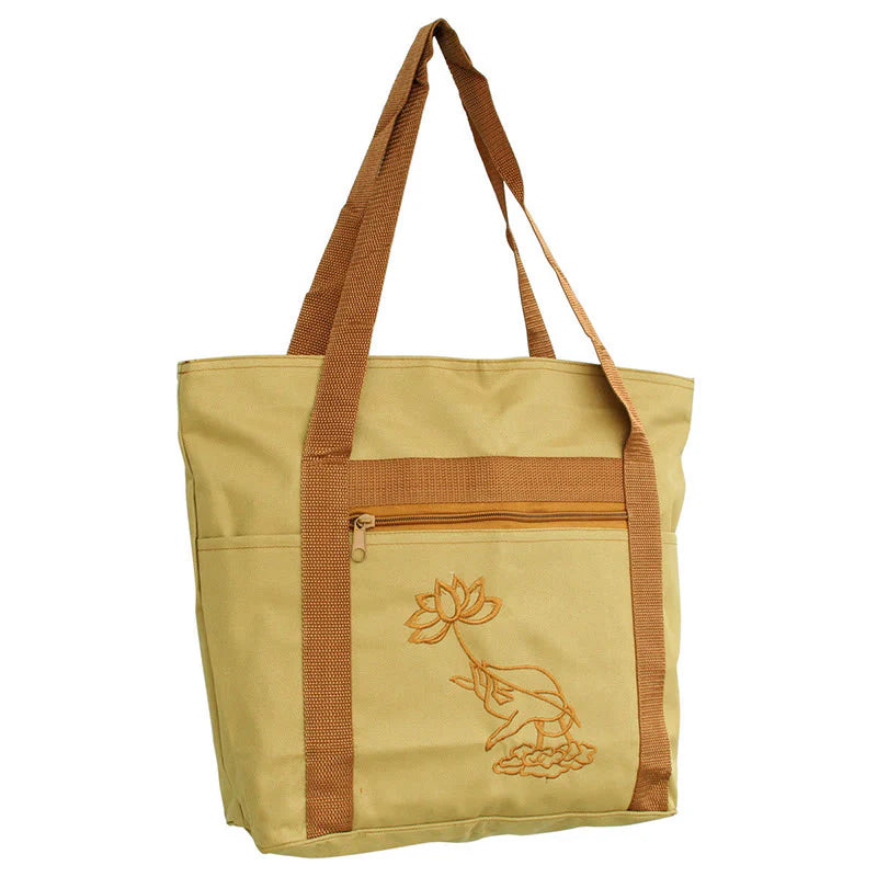 Buddha Stones Spiritual Mind Practice Lotus Embroidery Pattern Canvas Shoulder Bag Tote Bag