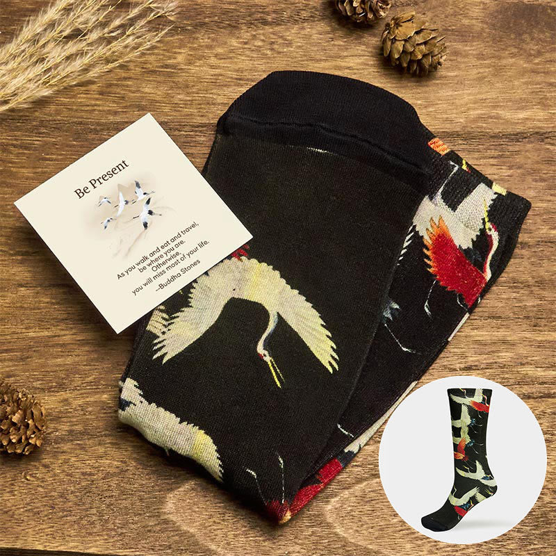 Buddha Stones Be Present Casual White Red Cranes Men Women Unisex Socks Includes Gift Message Card