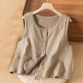 Buddha Stones Single Breasted Sleeveless Design Cotton Linen Women's Vest WIth Pockets