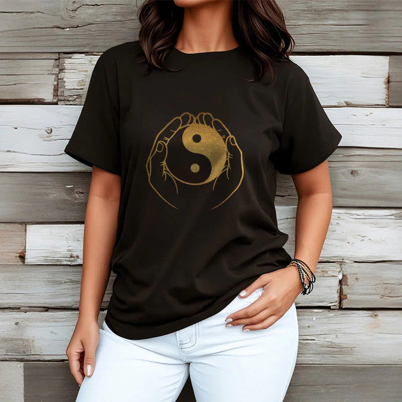 Buddha Stones Hands Holding A Golden Yin Yang Tee T-shirt