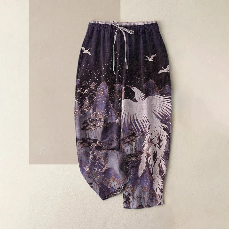 Buddha Stones Pure Cotton Auspicious Landscape Crane Pattern Women's Elastic Waist Pants With Pockets