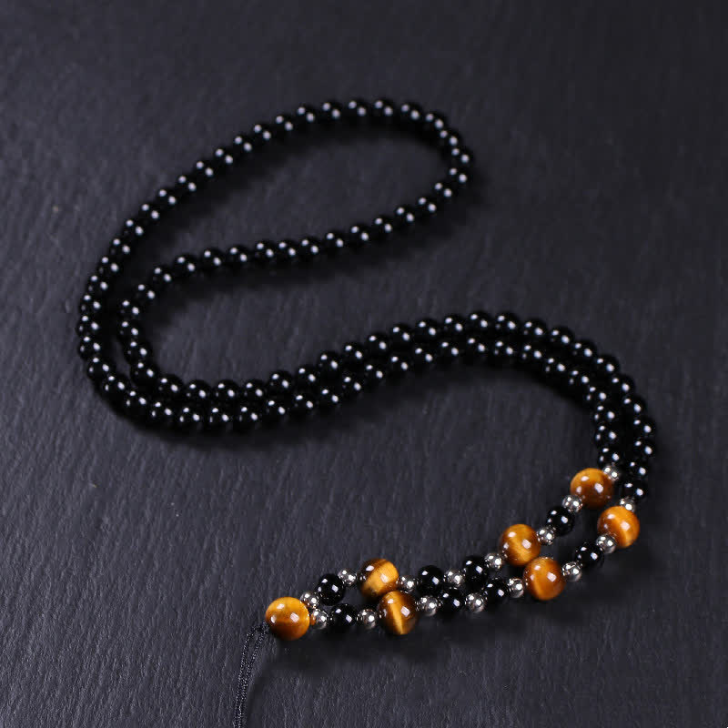 Buddha Stones Bagua Yin Yang Black Obsidian Purification Beaded Necklace Pendant