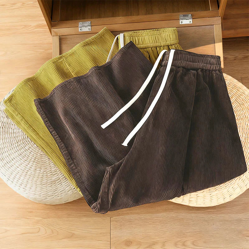 Buddha Stones Plain Elastic Waist Women's Cropped 7-8 Length Wide Leg Corduroy Pants