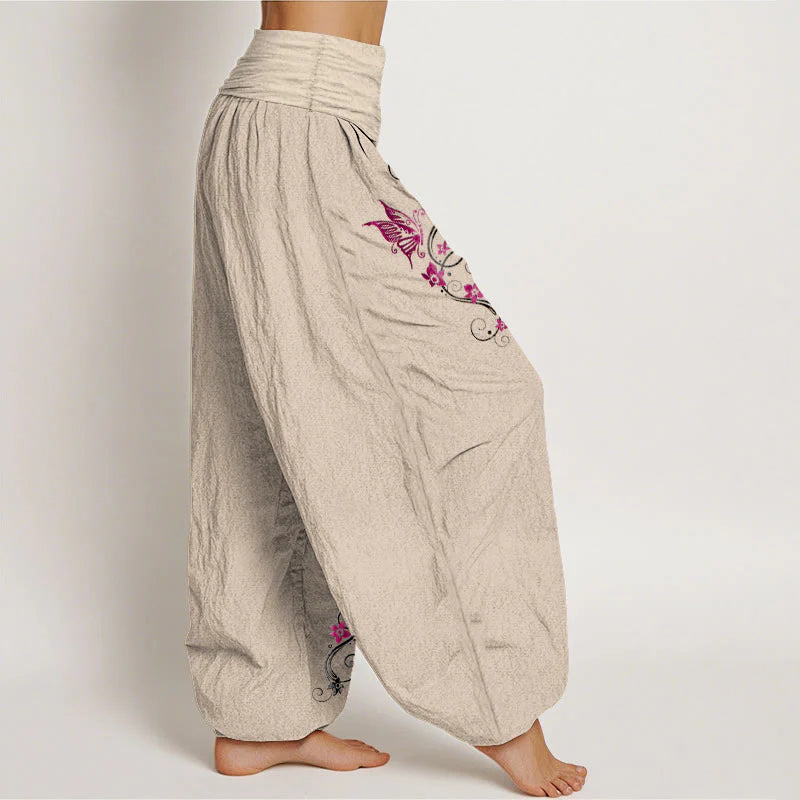 Buddha Stones Pure Cotton Softly Colored Butterfly Flower Vine Pattern Women's Elastic Waist Harem Pants