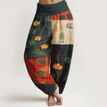 Buddha Stones Pure Cotton Strong Visual Impact Lotus Flowers Leaves Pattern Women's Elastic Waist Harem Pants