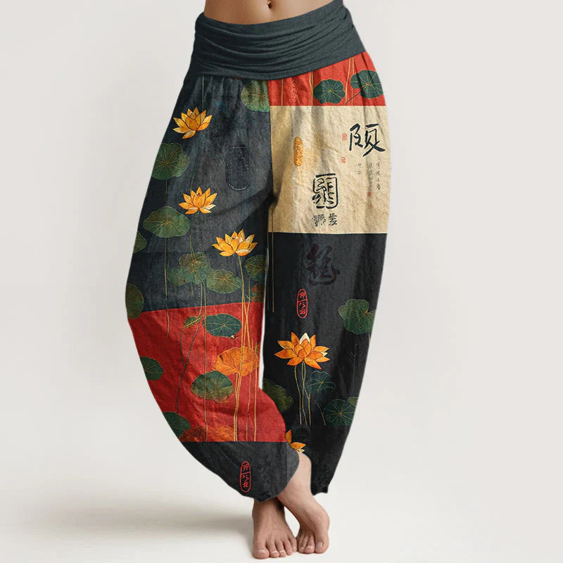 Buddha Stones Pure Cotton Strong Visual Impact Lotus Flowers Leaves Pattern Women's Elastic Waist Harem Pants