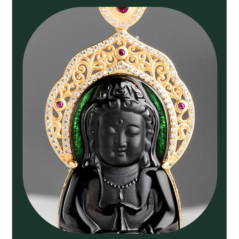 Buddha Stones Natural Black Jade Kwan Yin Avalokitesvara Wealth Titanium Steel Chain Necklace Pendant
