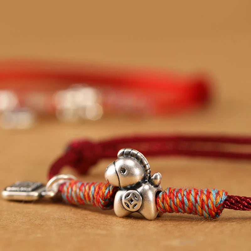 Buddha Stones 999 Sterling Silver Year Of The Horse Fu Character Charm String Braided Luck Bracelet