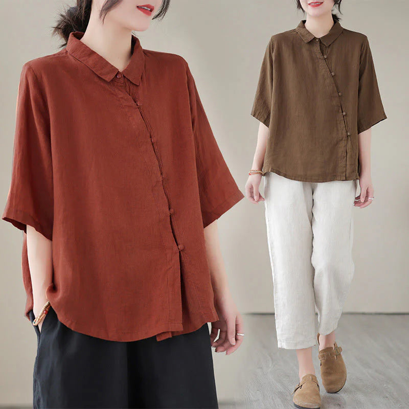 Buddha Stones Lapel Frog-Button Diagonal Placket Design Three Quarter Sleeve Women's Cotton Shirt