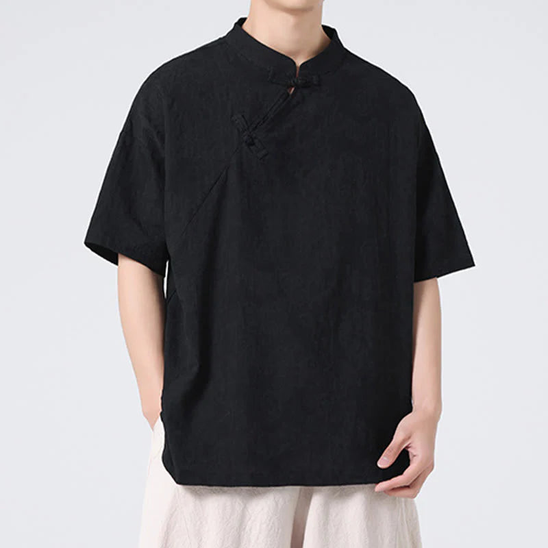 Buddha Stones Retro Pure Color Frog-Button Design Jacquard Flower Pattern Men's Short Sleeve Cotton Linen Shirt