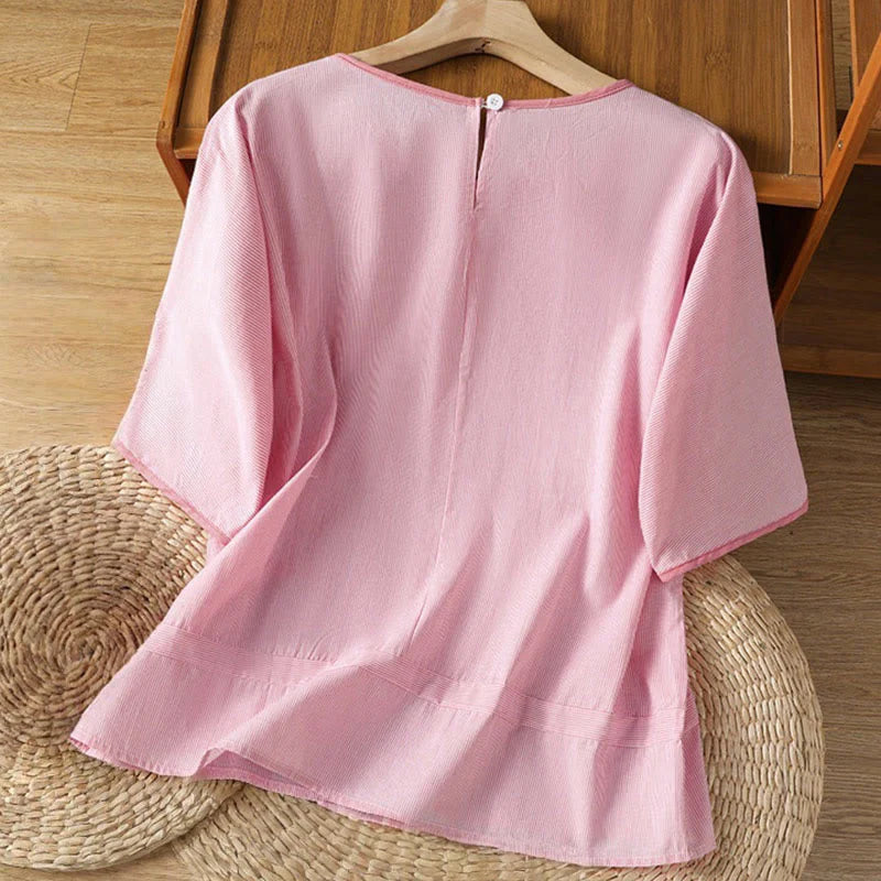 Buddha Stones Pullover Stripes Crew Neck Design Women's Cotton Short Sleeves Shirt