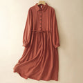Buddha Stones Fall Lapel Buttons Lace-Up Design Cotton Long Sleeve Midi Dress With Pockets