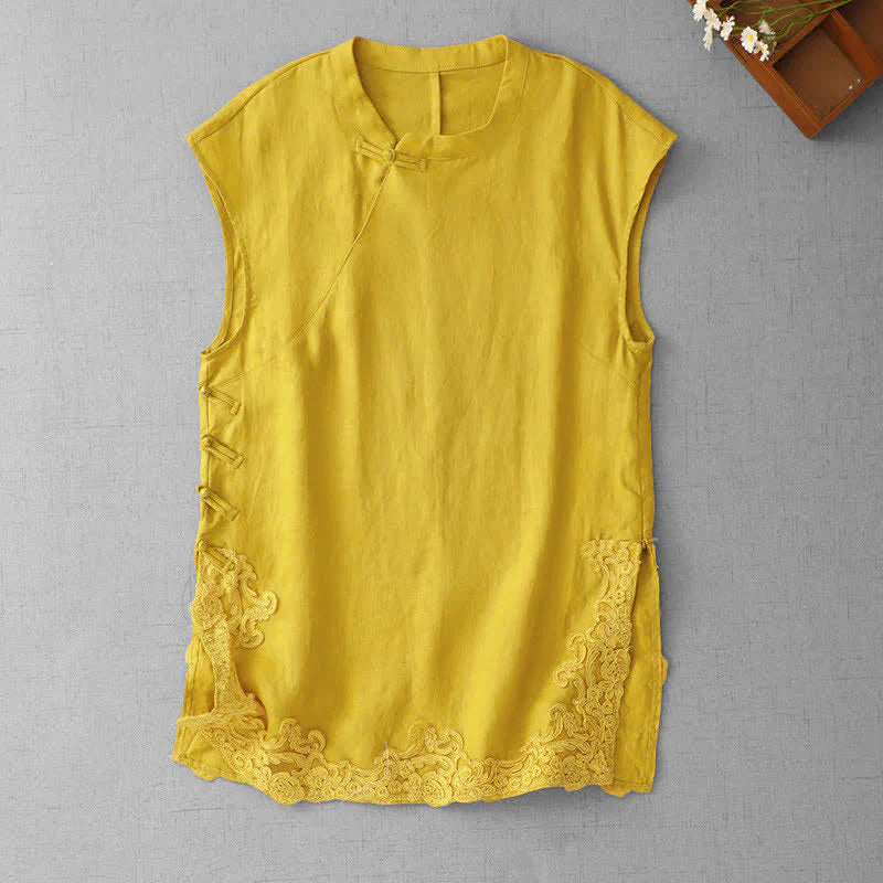 Buddha Stones Chinese Frog-Button Lace Patchwork Design Stand Collar Women's Cotton Sleeveless Vest