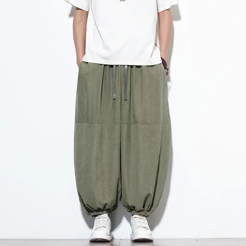Buddha Stones Spring Solid Color Drawstring Cropped Men's Harem Cotton Pants With Pockets