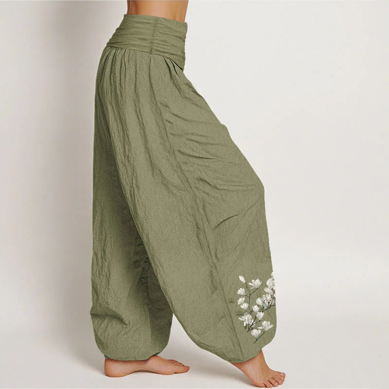 Buddha Stones Pure Cotton Simple Magnolia Flower Pattern Women's Elastic Waist Harem Pants