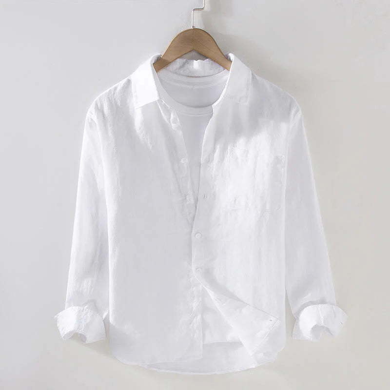 Buddha Stones Spring Men's Casual Pure Color Linen Long Sleeve Shirt With Pocket