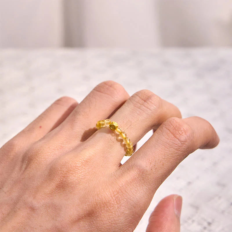 Buddha Stones 3mm Golden Rutilated Quartz Beads Wealth Elastic String Ring