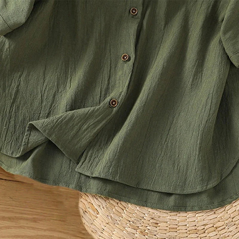 Buddha Stones Casual Plain Buttons Half Sleeve Women's Cotton Linen Shirt With Pocket