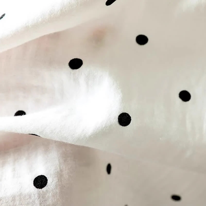 Buddha Stones Women's Commute Short Sleeve Polka Dot Lapel Cotton Shirt With Pockets