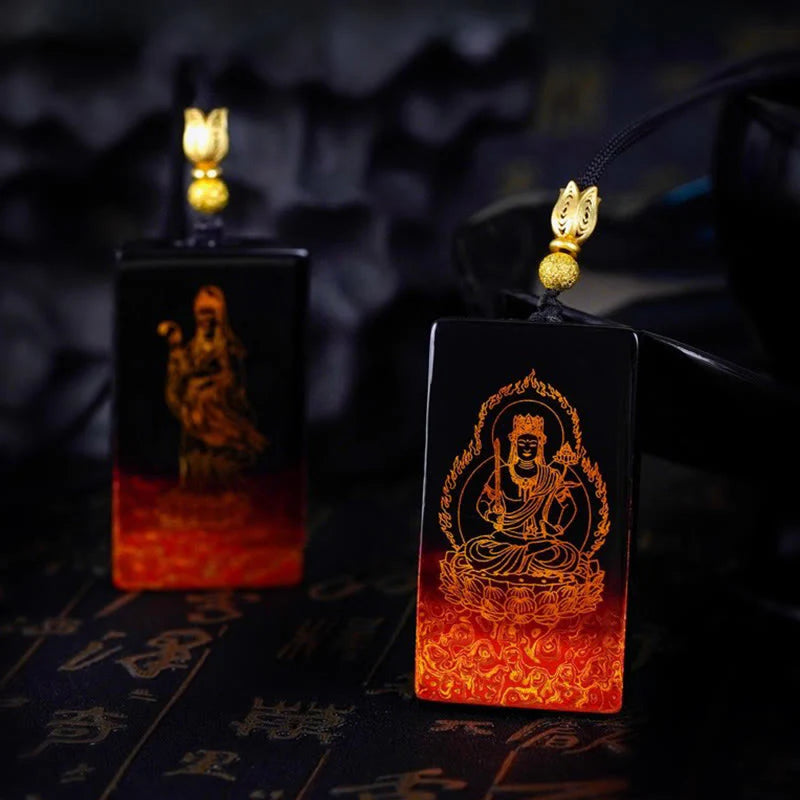 Buddha Stones Chinese Zodiac Natal Buddha Fu Character Lacquer Craft Sandalwood Pendant Necklace
