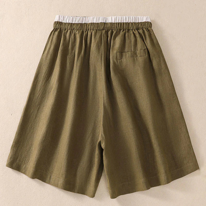 Buddha Stones Solid Color Contrast Color Waist Lace-up Cotton Linen Women's Shorts With Pockets