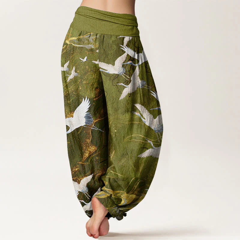 Buddha Stones Cotton Flying White Cranes Auspicious Clouds Design Women's Elastic Waist Harem Pants