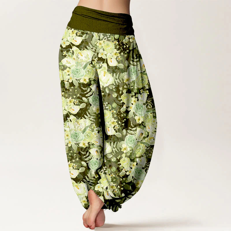 Buddha Stones Cotton Pastoral Flower Pattern Women's Elastic Waist Harem Pants