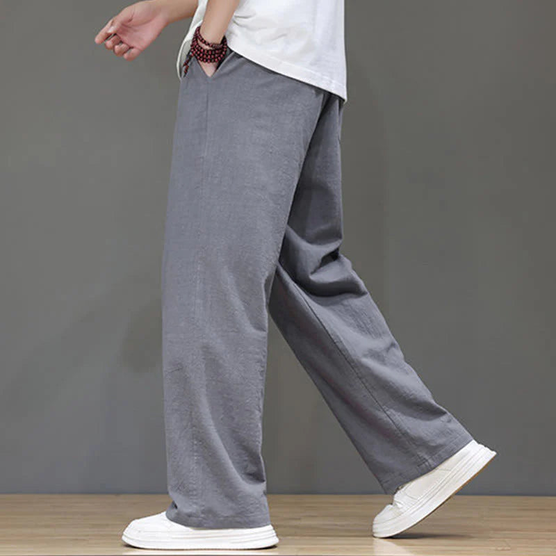 Buddha Stones Summer Men's Cotton Linen Straight Leg Pants With Pockets