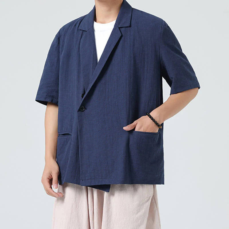 Buddha Stones Spring Plain Asymmetrical Lapel Collar Short Sleeve Men's Cotton Linen Shirt With Pockets
