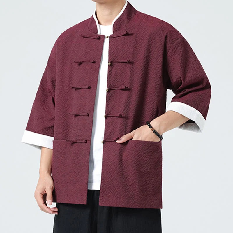 Buddha Stones Spring Solid Color Three Quarter Sleeve Tang Suit Men's Buttons Shirt With Pockets